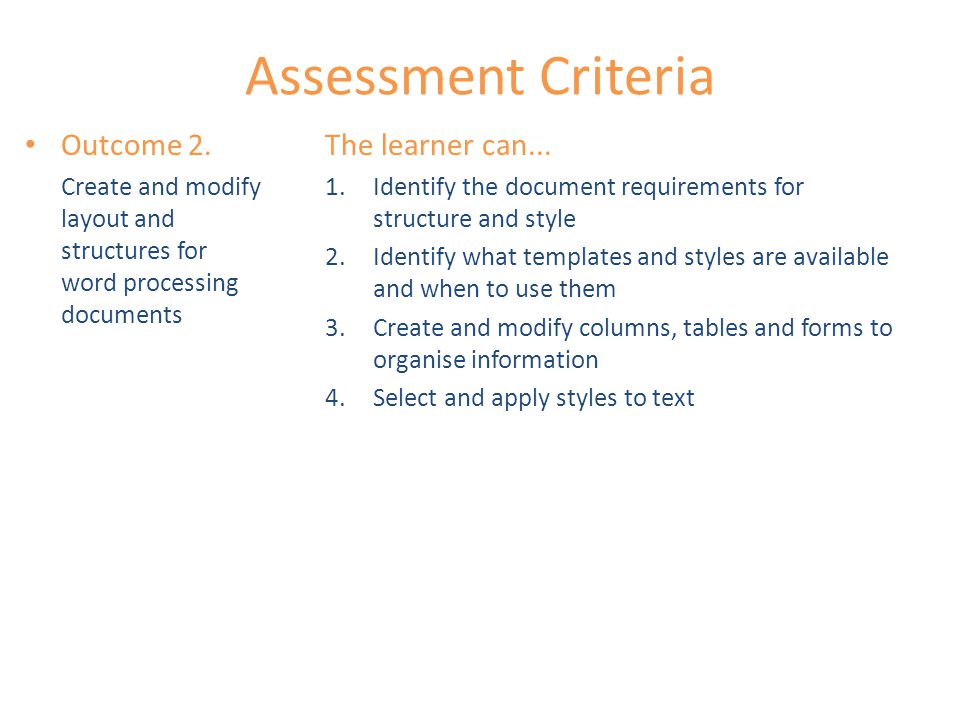 Assessment Criteria Outcome 2.