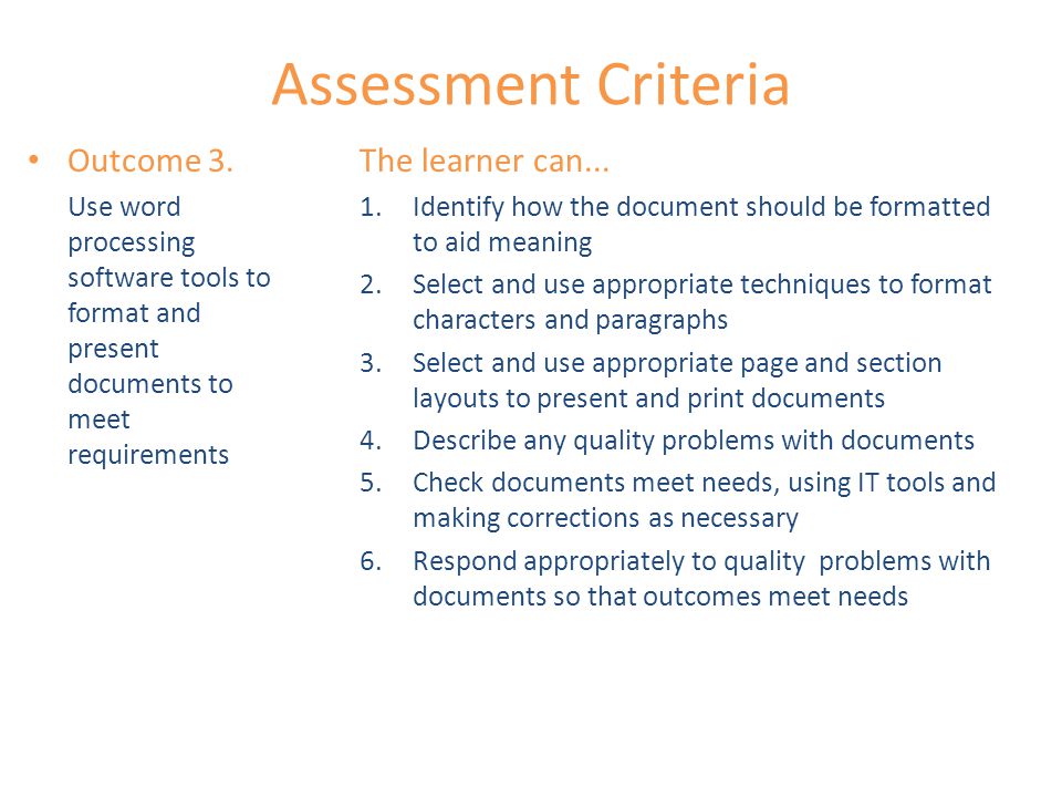 Assessment Criteria Outcome 3.