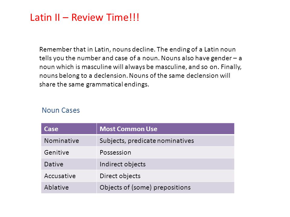Latin II – Review Time!!. Remember that in Latin, nouns decline.