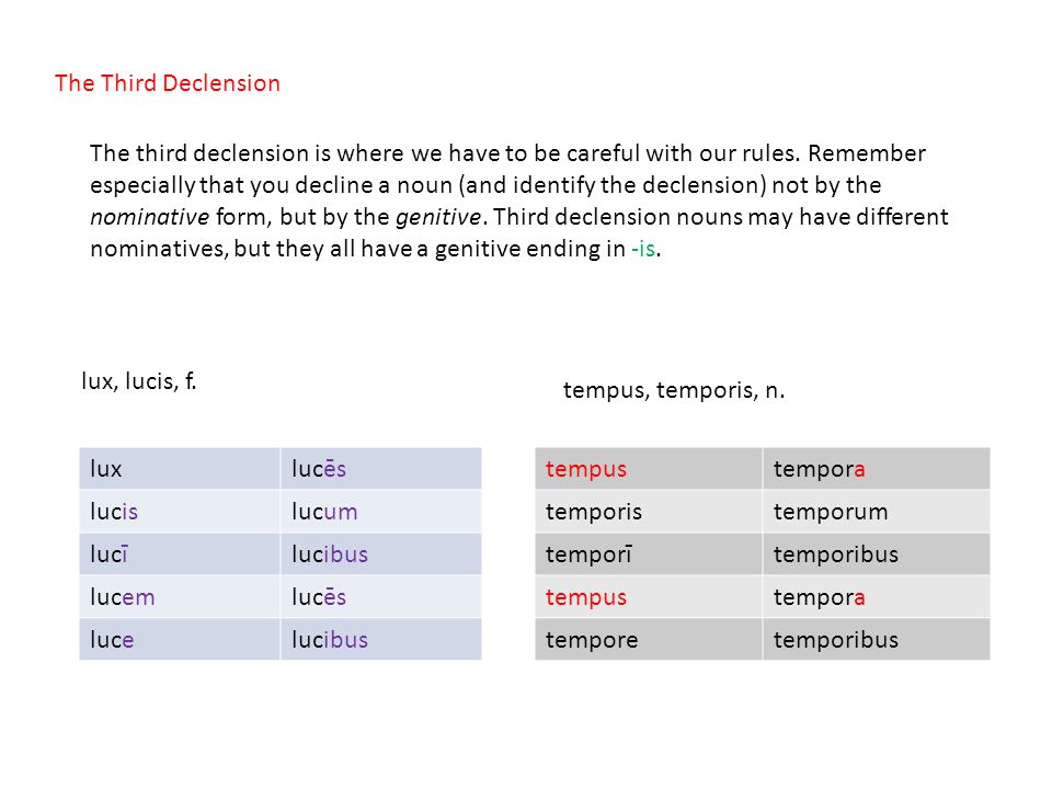 The Third Declension The third declension is where we have to be careful with our rules.