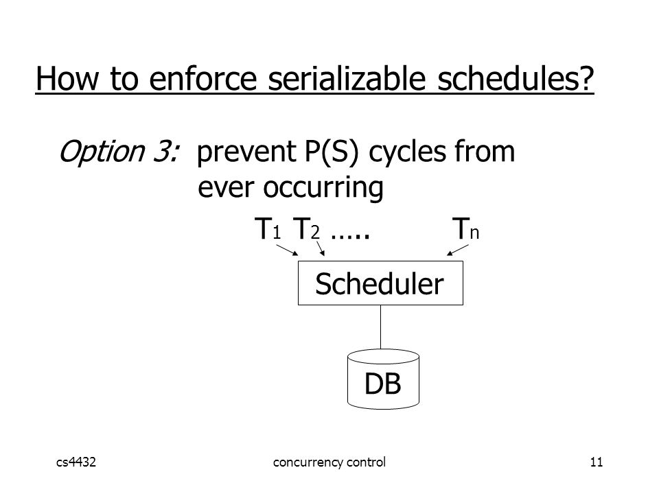cs4432concurrency control11 Option 3: prevent P(S) cycles from ever occurring T 1 T 2 …..T n Scheduler DB How to enforce serializable schedules