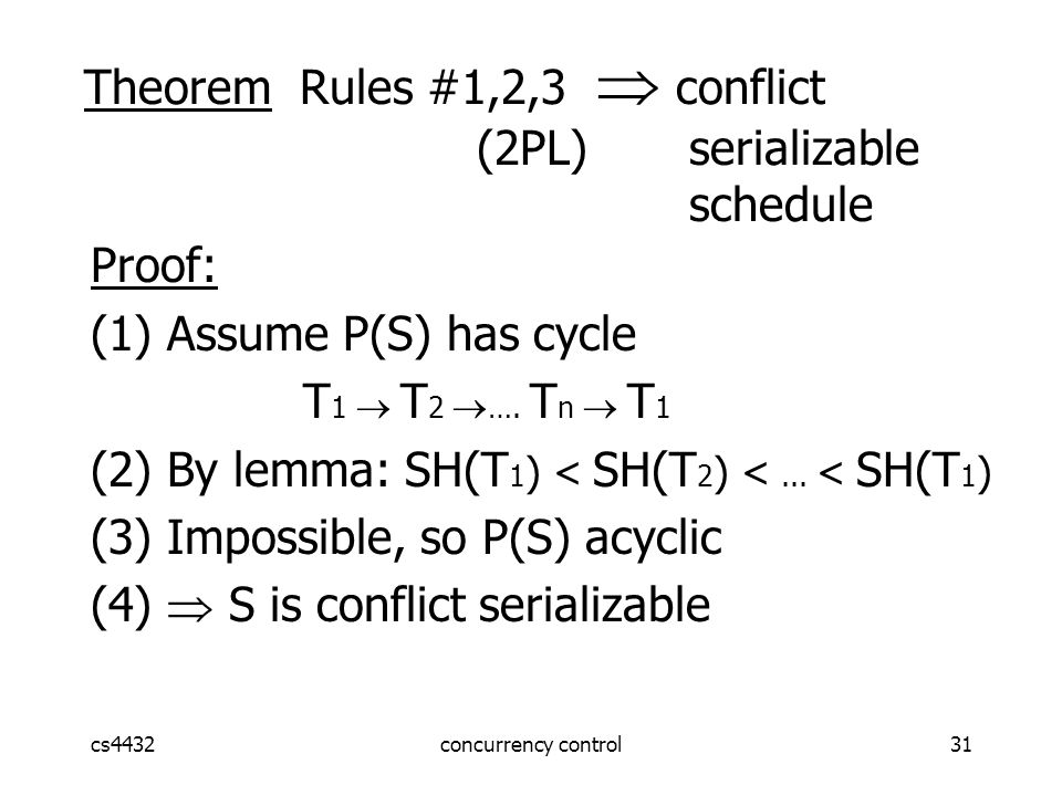 cs4432concurrency control31 Proof: (1) Assume P(S) has cycle T 1  T 2  ….