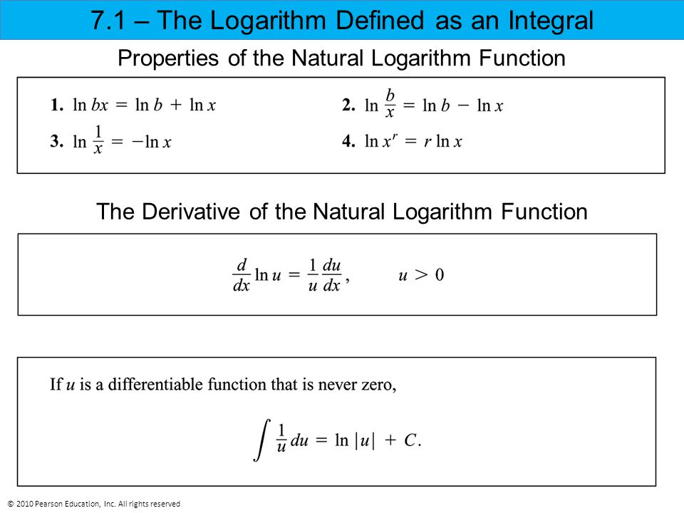 7.1 – The Logarithm Defined as an Integral The Derivative of the Natural Logarithm Function Properties of the Natural Logarithm Function © 2010 Pearson Education, Inc.