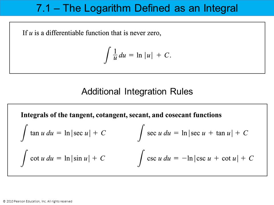 7.1 – The Logarithm Defined as an Integral Additional Integration Rules © 2010 Pearson Education, Inc.