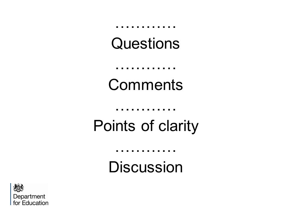 ………… Questions ………… Comments ………… Points of clarity ………… Discussion