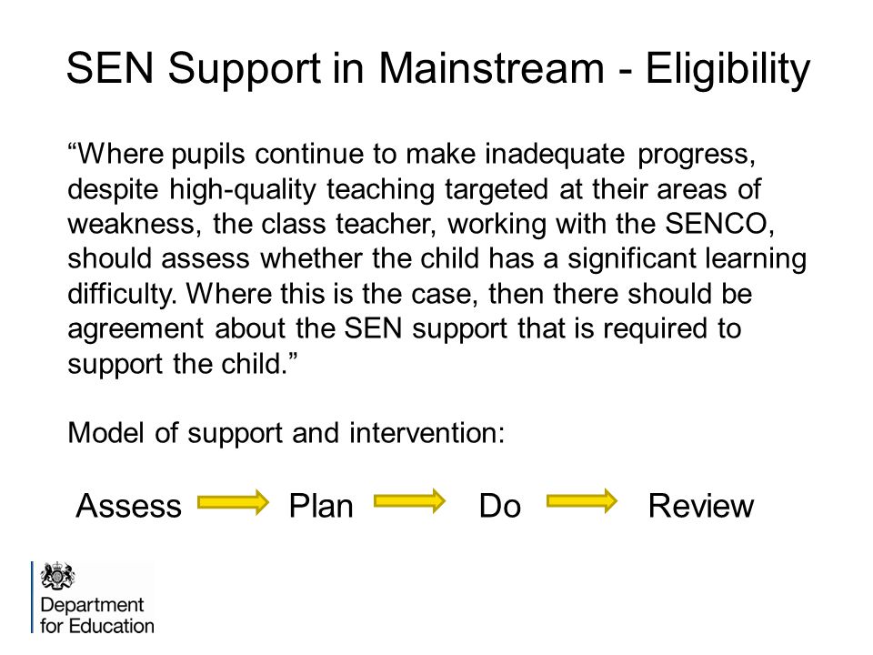 SEN Support in Mainstream - Eligibility Where pupils continue to make inadequate progress, despite high-quality teaching targeted at their areas of weakness, the class teacher, working with the SENCO, should assess whether the child has a significant learning difficulty.