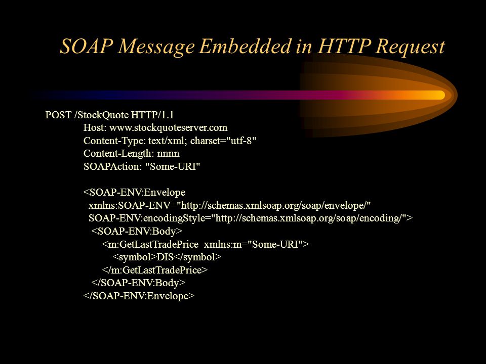 SOAP Message Embedded in HTTP Request POST /StockQuote HTTP/1.1 Host:   Content-Type: text/xml; charset= utf-8 Content-Length: nnnn SOAPAction: Some-URI <SOAP-ENV:Envelope xmlns:SOAP-ENV=   SOAP-ENV:encodingStyle=   > DIS