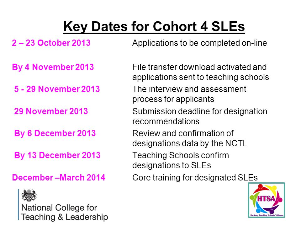 Key Dates for Cohort 4 SLEs 2 – 23 October 2013Applications to be completed on-line By 4 November 2013 File transfer download activated and applications sent to teaching schools November 2013 The interview and assessment process for applicants 29 November 2013 Submission deadline for designation recommendations By 6 December 2013 Review and confirmation of designations data by the NCTL By 13 December 2013Teaching Schools confirm designations to SLEs December –March 2014Core training for designated SLEs