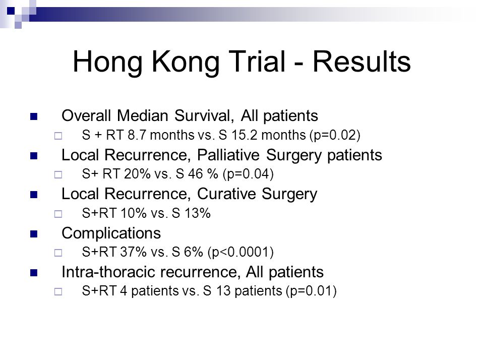 Hong Kong Trial - Results Overall Median Survival, All patients  S + RT 8.7 months vs.