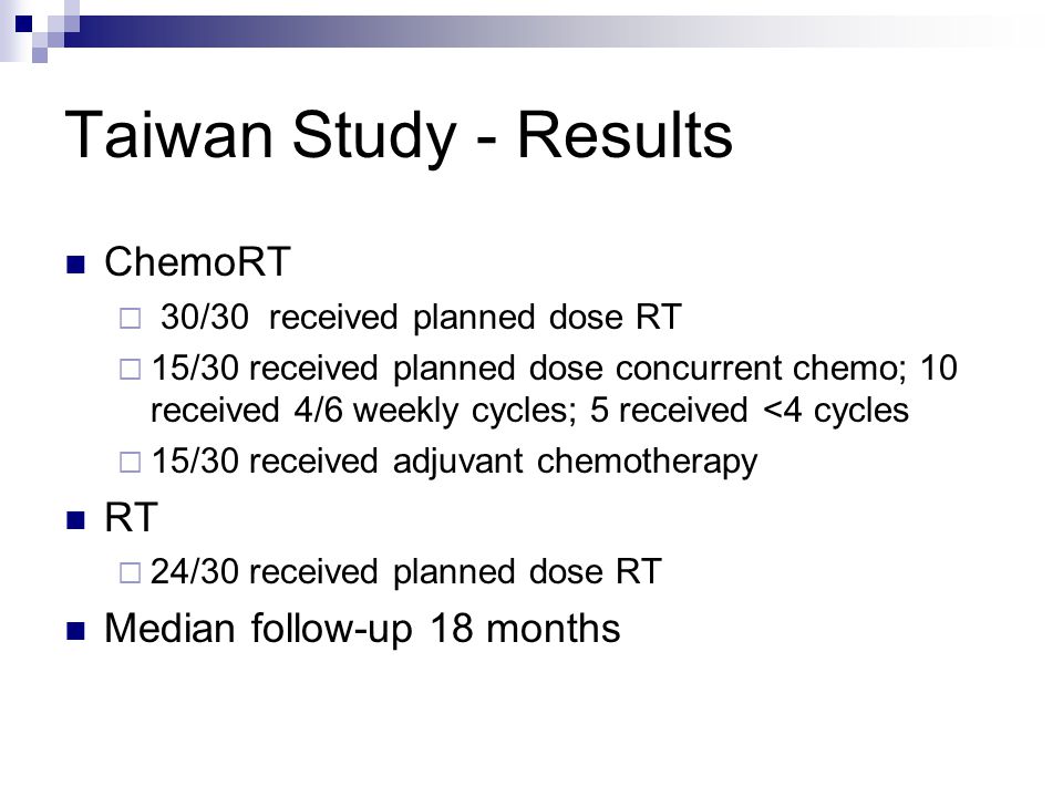 Taiwan Study - Results ChemoRT  30/30 received planned dose RT  15/30 received planned dose concurrent chemo; 10 received 4/6 weekly cycles; 5 received <4 cycles  15/30 received adjuvant chemotherapy RT  24/30 received planned dose RT Median follow-up 18 months