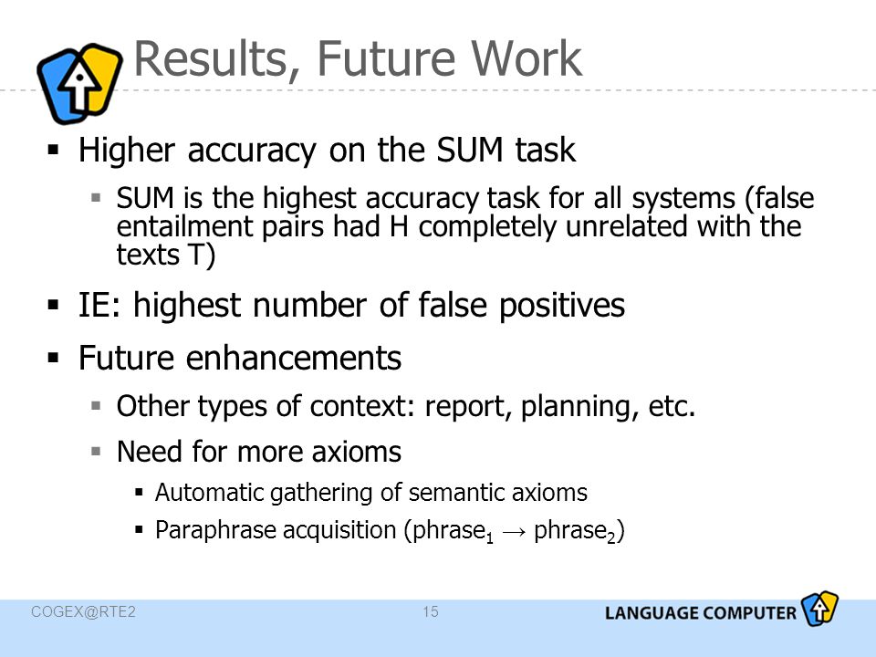 Results, Future Work  Higher accuracy on the SUM task  SUM is the highest accuracy task for all systems (false entailment pairs had H completely unrelated with the texts T)  IE: highest number of false positives  Future enhancements  Other types of context: report, planning, etc.