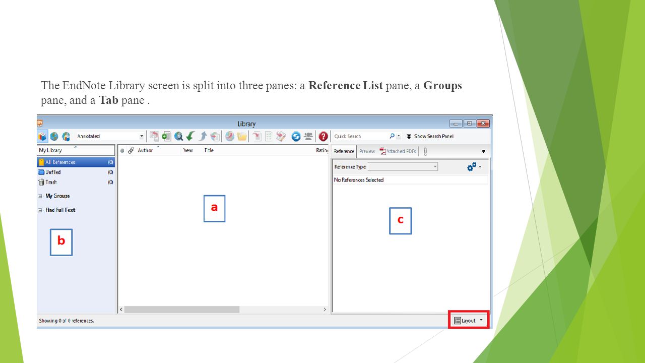 The EndNote Library screen is split into three panes: a Reference List pane, a Groups pane, and a Tab pane.