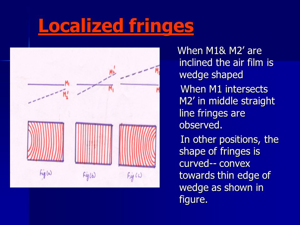 Localized fringes When M1& M2’ are inclined the air film is wedge shaped When M1& M2’ are inclined the air film is wedge shaped When M1 intersects M2’ in middle straight line fringes are observed.
