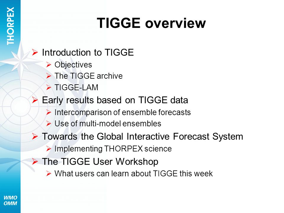 TIGGE overview  Introduction to TIGGE  Objectives  The TIGGE archive  TIGGE-LAM  Early results based on TIGGE data  Intercomparison of ensemble forecasts  Use of multi-model ensembles  Towards the Global Interactive Forecast System  Implementing THORPEX science  The TIGGE User Workshop  What users can learn about TIGGE this week