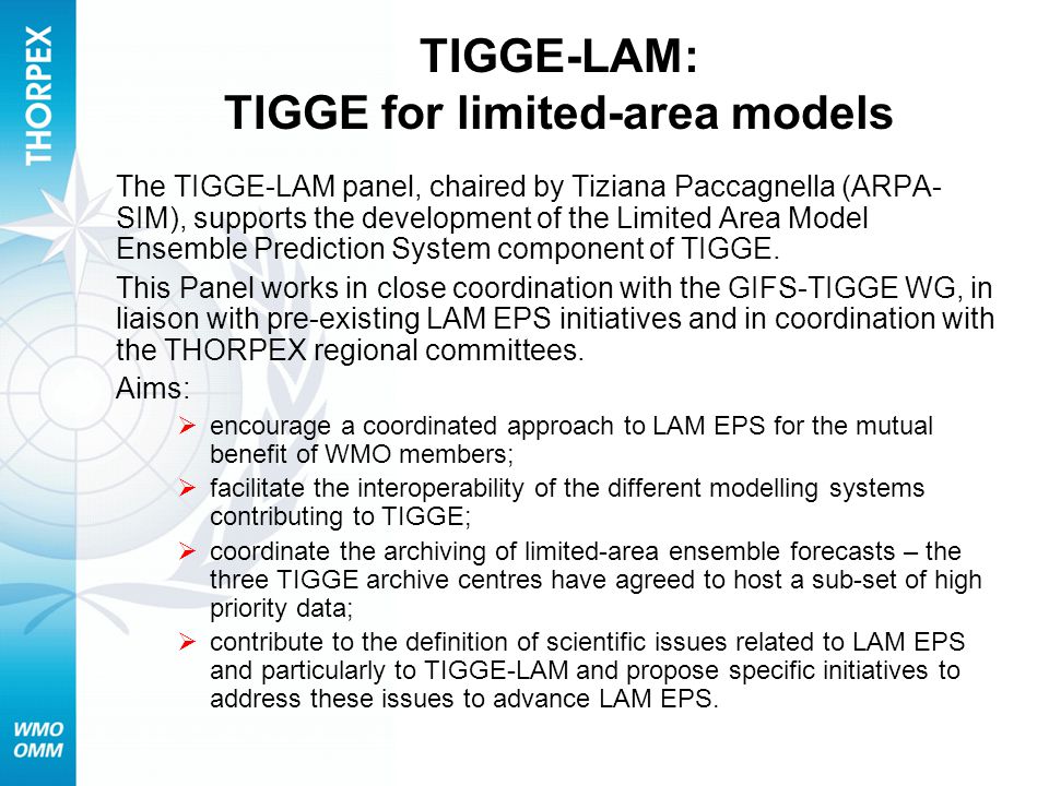 TIGGE-LAM: TIGGE for limited-area models The TIGGE-LAM panel, chaired by Tiziana Paccagnella (ARPA- SIM), supports the development of the Limited Area Model Ensemble Prediction System component of TIGGE.