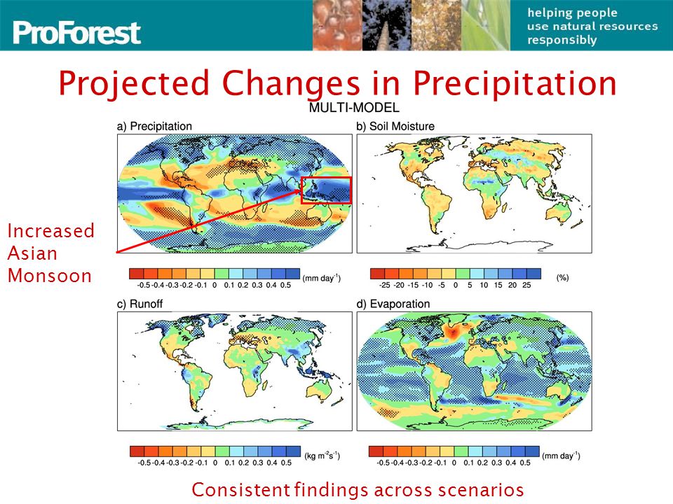 Projected Changes in Precipitation Consistent findings across scenarios Increased Asian Monsoon