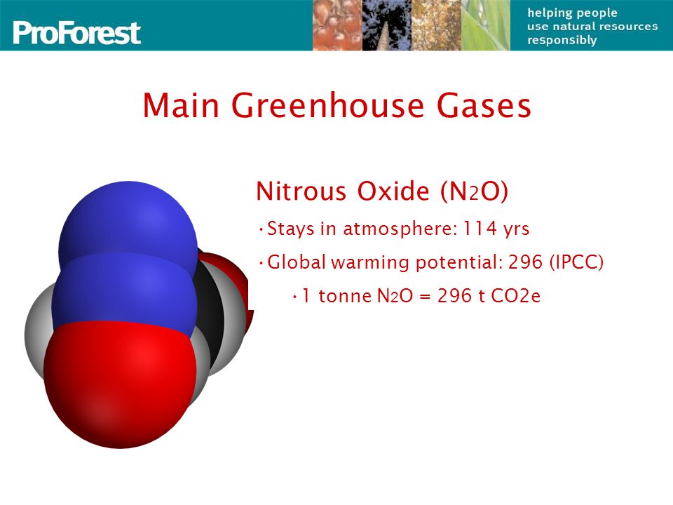 Main Greenhouse Gases Carbon dioxide (CO 2 ) Stays in atmosphere: 1-2 yrs (uncertain) Global warming potential: 1 (all other gases GWP relative to CO 2 ) Methane (CH 4 ) Stays in atmosphere: 12±3 yrs Global warming potential: 23 (IPCC) 1 tonne CH 4 = 23 t CO2e Nitrous Oxide (N 2 O) Stays in atmosphere: 114 yrs Global warming potential: 296 (IPCC) 1 tonne N 2 O = 296 t CO2e