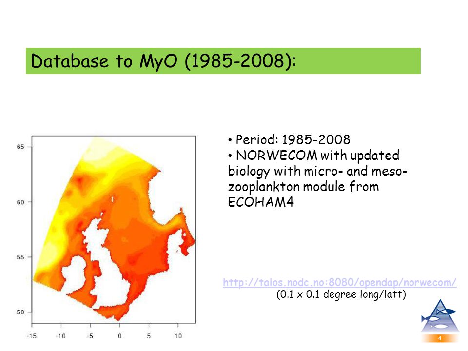 4 4 Database to MyO ( ):   (0.1 x 0.1 degree long/latt) Period: NORWECOM with updated biology with micro- and meso- zooplankton module from ECOHAM4