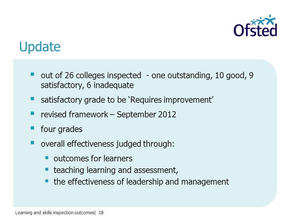 Learning and skills inspection outcomes| 18 Update  out of 26 colleges inspected - one outstanding, 10 good, 9 satisfactory, 6 inadequate  satisfactory grade to be ‘Requires improvement’  revised framework – September 2012  four grades  overall effectiveness judged through:  outcomes for learners  teaching learning and assessment,  the effectiveness of leadership and management