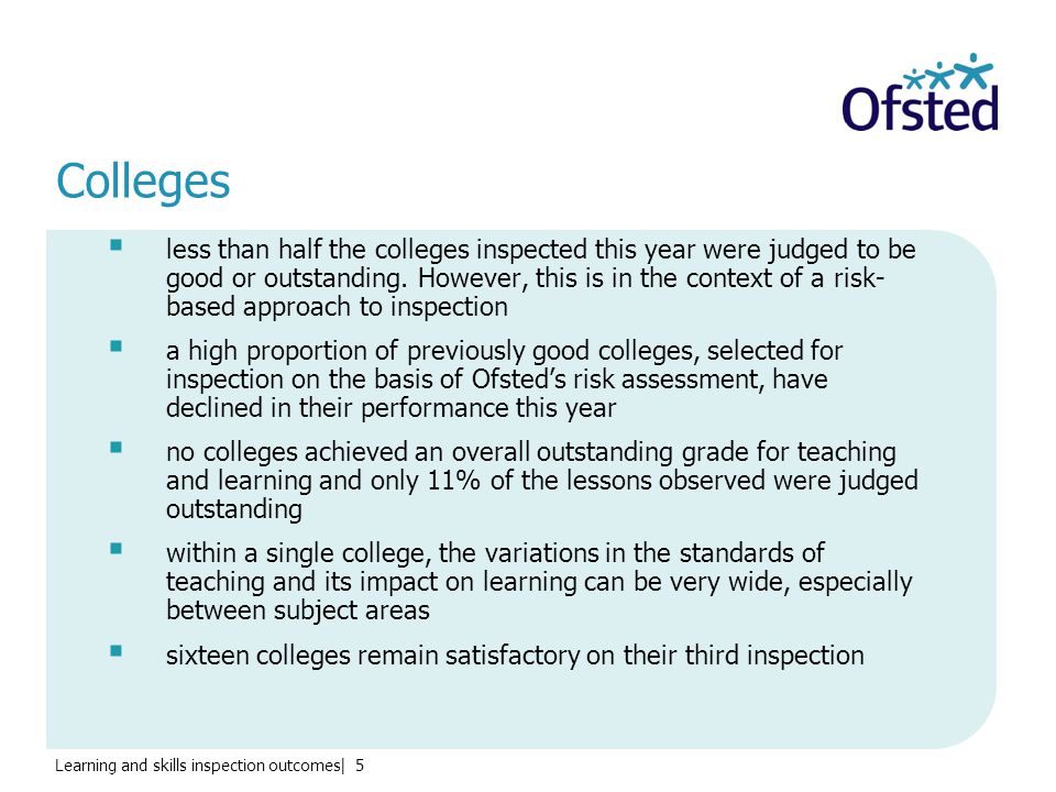 Learning and skills inspection outcomes| 5 Colleges  less than half the colleges inspected this year were judged to be good or outstanding.