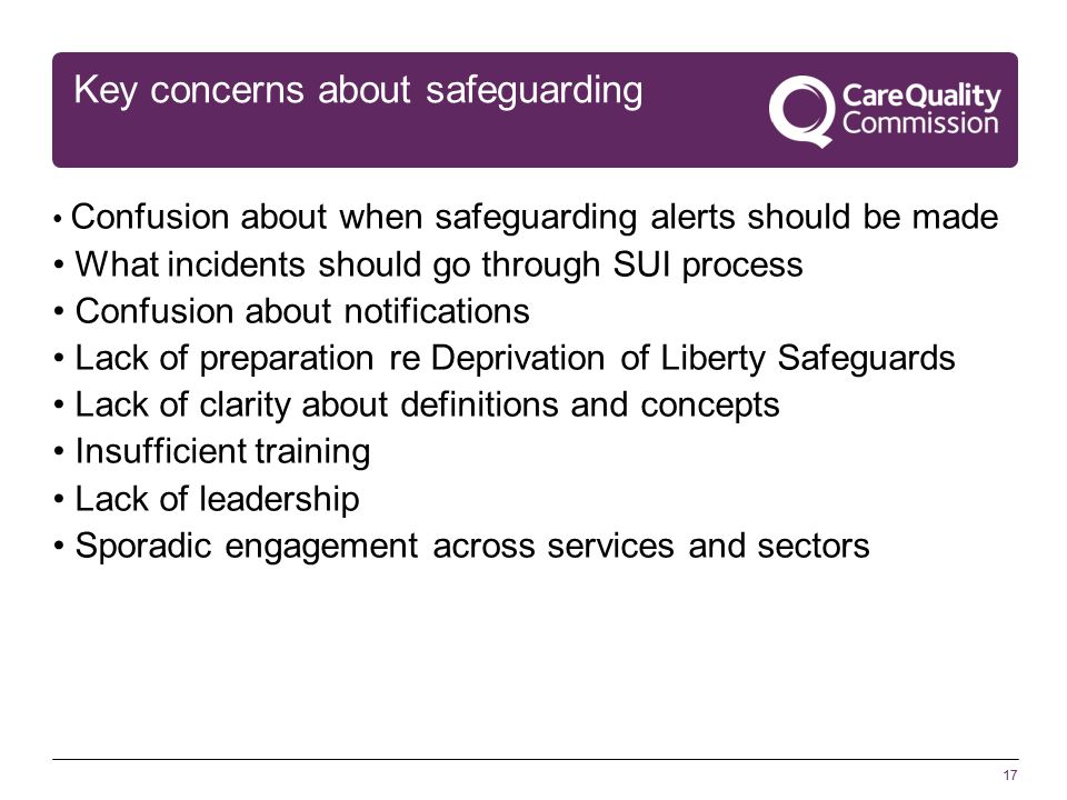 17 Key concerns about safeguarding Confusion about when safeguarding alerts should be made What incidents should go through SUI process Confusion about notifications Lack of preparation re Deprivation of Liberty Safeguards Lack of clarity about definitions and concepts Insufficient training Lack of leadership Sporadic engagement across services and sectors