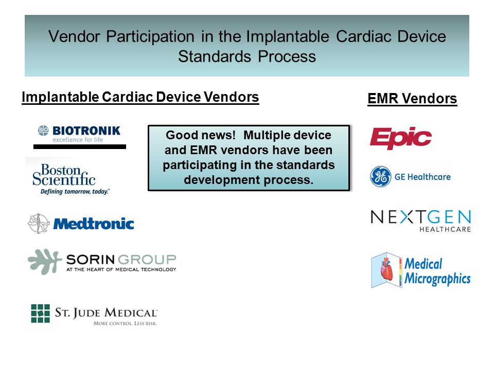 Vendor Participation in the Implantable Cardiac Device Standards Process Good news.