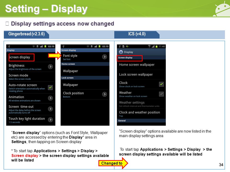 Setting – Display ※ Display settings access now changed Gingerbread (v2.3.6)ICS (v4.0) Screen display options available are now listed in the main display settings area To start tap Applications > Settings > Display > the screen display settings available will be listed 34 Screen display options (such as Font Style, Wallpaper etc) are accessed by entering the Display* area in Settings, then tapping on Screen display * To start tap Applications > Settings > Display > Screen display > the screen display settings available will be listed Changed to