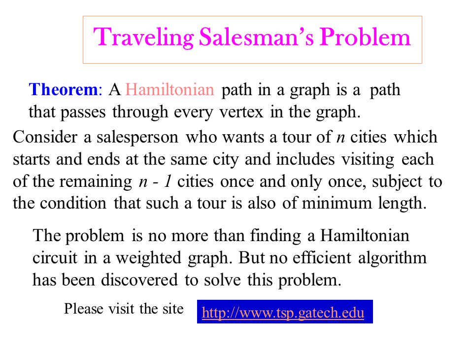 Traveling Salesman’s Problem Theorem: A Hamiltonian path in a graph is a path that passes through every vertex in the graph.