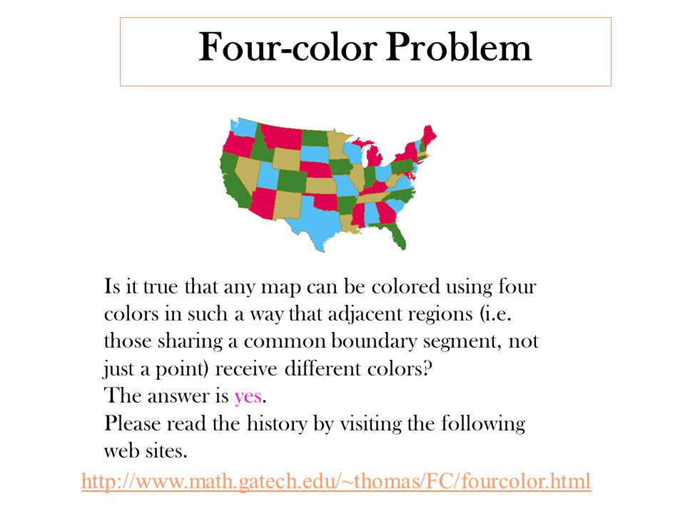 Four-color Problem   Is it true that any map can be colored using four colors in such a way that adjacent regions (i.e.