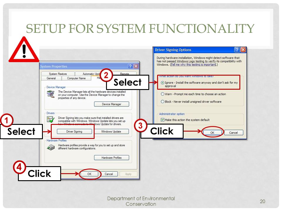 SETUP FOR SYSTEM FUNCTIONALITY Department of Environmental Conservation 20 Select Click Select 4 Click