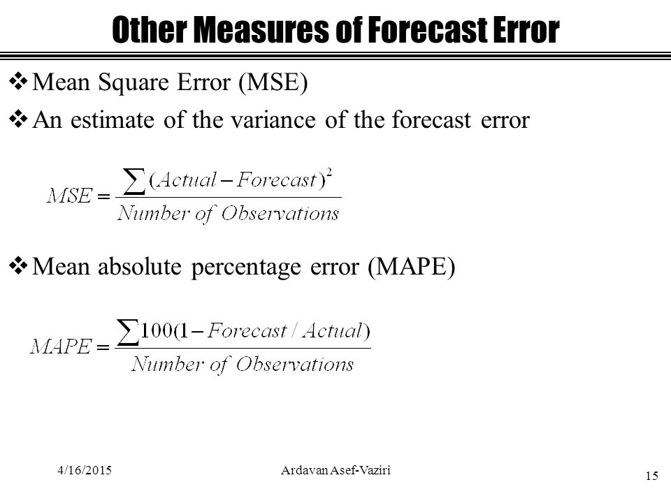 4/16/2015Ardavan Asef-Vaziri 15 Other Measures of Forecast Error  Mean Square Error (MSE)  An estimate of the variance of the forecast error  Mean absolute percentage error (MAPE)