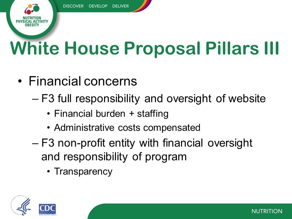 White House Proposal Pillars III Financial concerns –F3 full responsibility and oversight of website Financial burden + staffing Administrative costs compensated –F3 non-profit entity with financial oversight and responsibility of program Transparency
