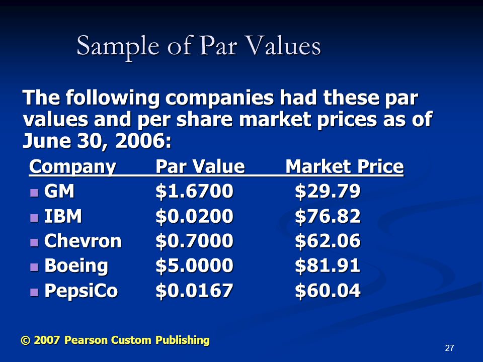 27 © 2007 Pearson Custom Publishing Sample of Par Values The following companies had these par values and per share market prices as of June 30, 2006: The following companies had these par values and per share market prices as of June 30, 2006: Company Par Value Market Price GM $1.6700$29.79 GM $1.6700$29.79 IBM $ $76.82 IBM $ $76.82 Chevron $0.7000$62.06 Chevron $0.7000$62.06 Boeing $ $81.91 Boeing $ $81.91 PepsiCo $ $60.04 PepsiCo $ $60.04