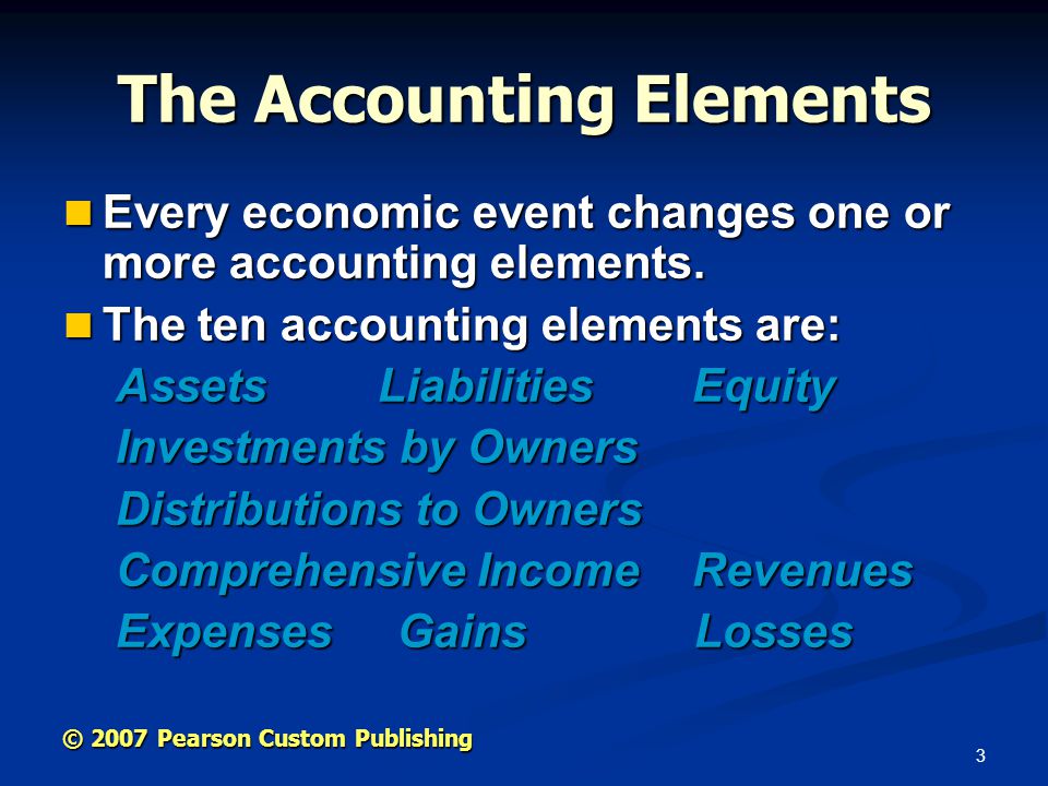 3 The Accounting Elements Every economic event changes one or more accounting elements.