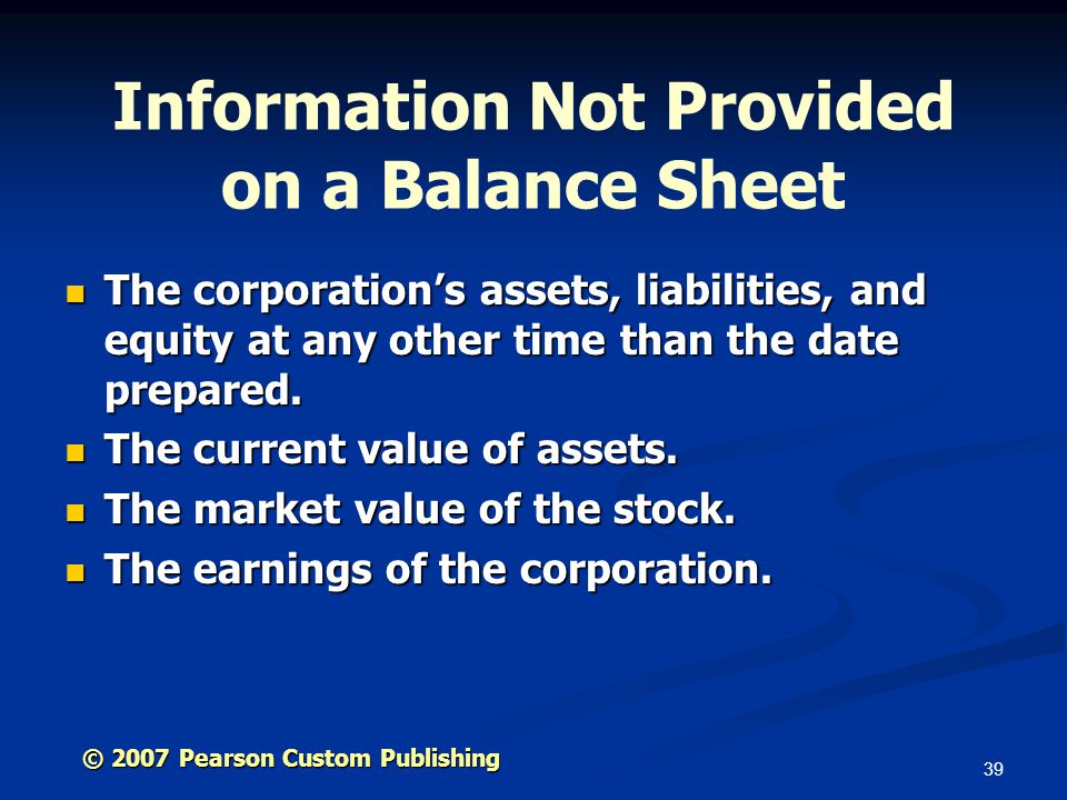 39 Information Not Provided on a Balance Sheet The corporation’s assets, liabilities, and equity at any other time than the date prepared.