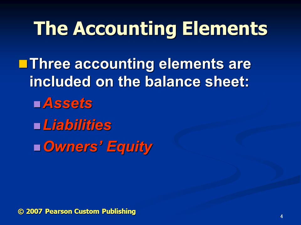 4 © 2007 Pearson Custom Publishing The Accounting Elements Three accounting elements are included on the balance sheet: Three accounting elements are included on the balance sheet: Assets Assets Liabilities Liabilities Owners’ Equity Owners’ Equity