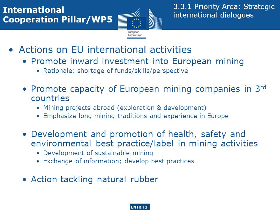 ENTR G3 ENTR F3 Actions on EU international activities Promote inward investment into European mining Rationale: shortage of funds/skills/perspective Promote capacity of European mining companies in 3 rd countries Mining projects abroad (exploration & development) Emphasize long mining traditions and experience in Europe Development and promotion of health, safety and environmental best practice/label in mining activities Development of sustainable mining Exchange of information; develop best practices Action tackling natural rubber International Cooperation Pillar/WP Priority Area: Strategic international dialogues