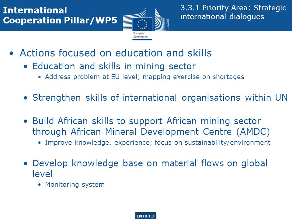 ENTR G3 ENTR F3 Actions focused on education and skills Education and skills in mining sector Address problem at EU level; mapping exercise on shortages Strengthen skills of international organisations within UN Build African skills to support African mining sector through African Mineral Development Centre (AMDC) Improve knowledge, experience; focus on sustainability/environment Develop knowledge base on material flows on global level Monitoring system International Cooperation Pillar/WP Priority Area: Strategic international dialogues