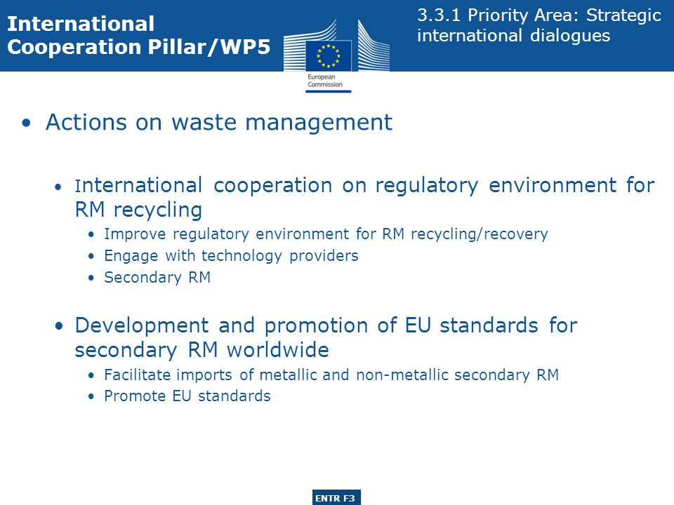 ENTR G3 ENTR F3 Actions on waste management I nternational cooperation on regulatory environment for RM recycling Improve regulatory environment for RM recycling/recovery Engage with technology providers Secondary RM Development and promotion of EU standards for secondary RM worldwide Facilitate imports of metallic and non-metallic secondary RM Promote EU standards International Cooperation Pillar/WP Priority Area: Strategic international dialogues