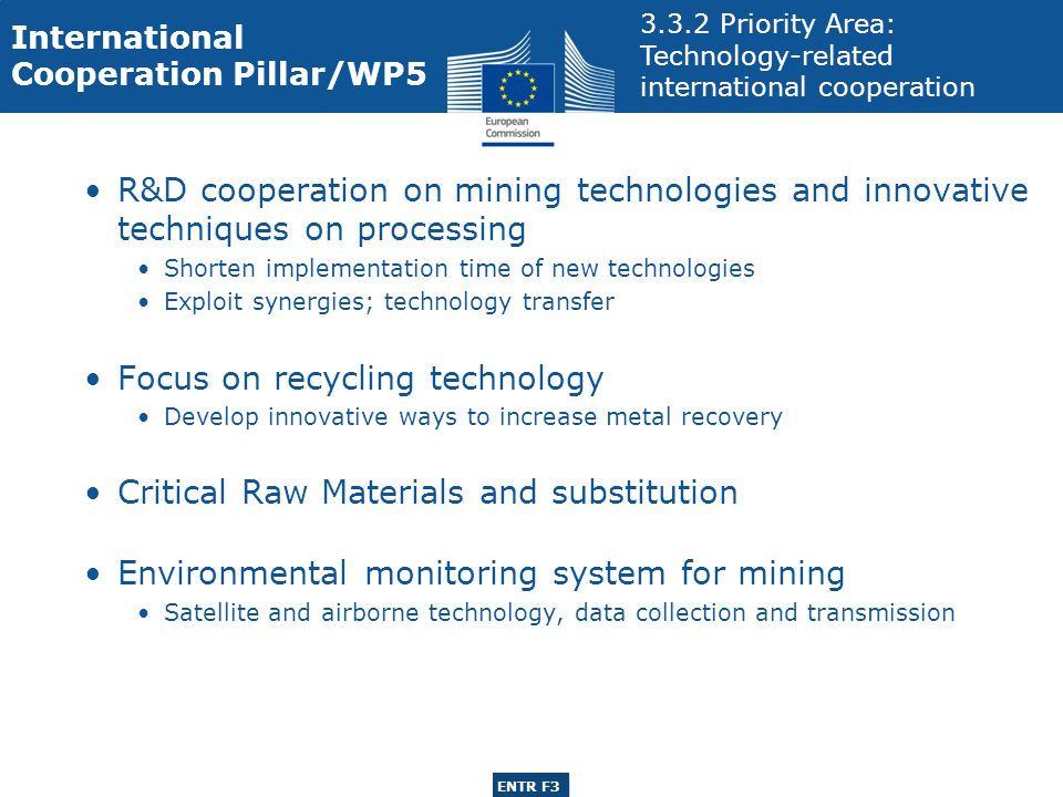 ENTR G3 ENTR F3 R&D cooperation on mining technologies and innovative techniques on processing Shorten implementation time of new technologies Exploit synergies; technology transfer Focus on recycling technology Develop innovative ways to increase metal recovery Critical Raw Materials and substitution Environmental monitoring system for mining Satellite and airborne technology, data collection and transmission International Cooperation Pillar/WP Priority Area: Technology-related international cooperation