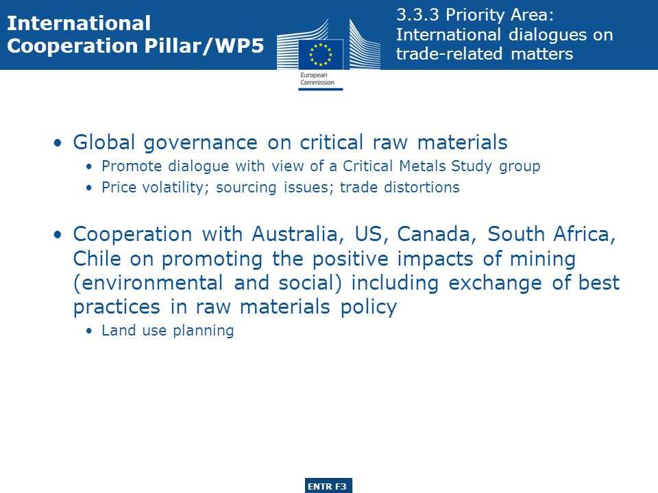 ENTR G3 ENTR F3 Global governance on critical raw materials Promote dialogue with view of a Critical Metals Study group Price volatility; sourcing issues; trade distortions Cooperation with Australia, US, Canada, South Africa, Chile on promoting the positive impacts of mining (environmental and social) including exchange of best practices in raw materials policy Land use planning International Cooperation Pillar/WP Priority Area: International dialogues on trade-related matters