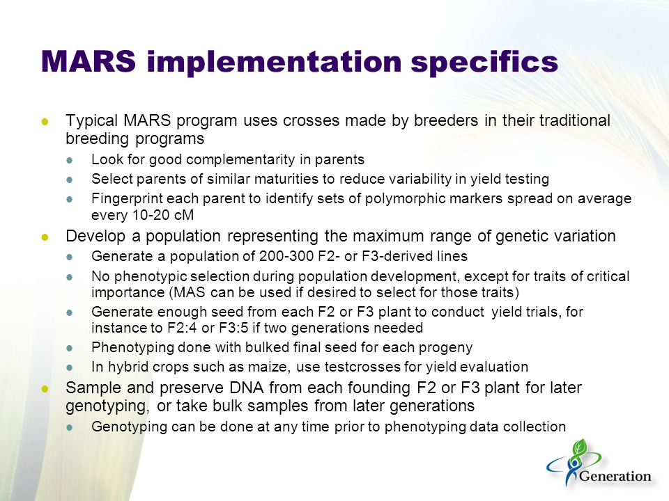 MARS implementation specifics Typical MARS program uses crosses made by breeders in their traditional breeding programs Look for good complementarity in parents Select parents of similar maturities to reduce variability in yield testing Fingerprint each parent to identify sets of polymorphic markers spread on average every cM Develop a population representing the maximum range of genetic variation Generate a population of F2- or F3-derived lines No phenotypic selection during population development, except for traits of critical importance (MAS can be used if desired to select for those traits) Generate enough seed from each F2 or F3 plant to conduct yield trials, for instance to F2:4 or F3:5 if two generations needed Phenotyping done with bulked final seed for each progeny In hybrid crops such as maize, use testcrosses for yield evaluation Sample and preserve DNA from each founding F2 or F3 plant for later genotyping, or take bulk samples from later generations Genotyping can be done at any time prior to phenotyping data collection