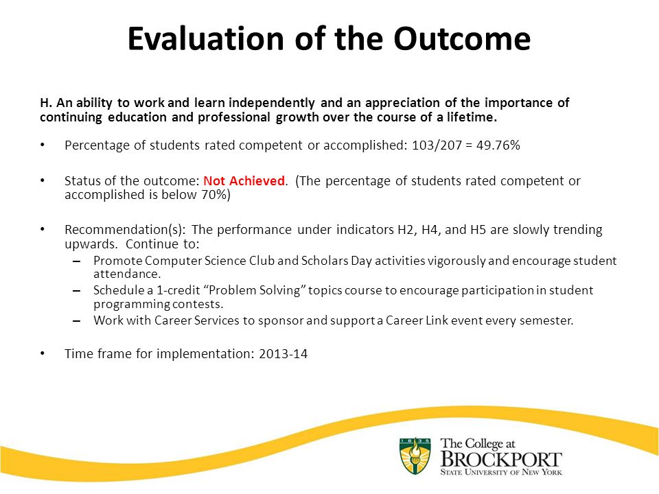 Evaluation of the Outcome H.