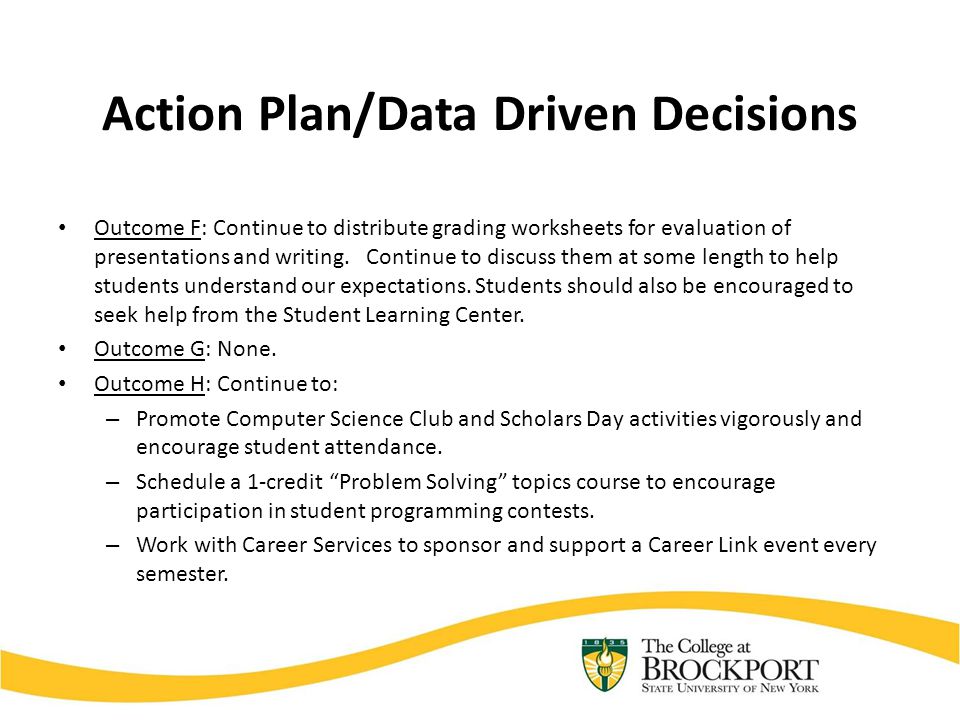 Action Plan/Data Driven Decisions Outcome F: Continue to distribute grading worksheets for evaluation of presentations and writing.