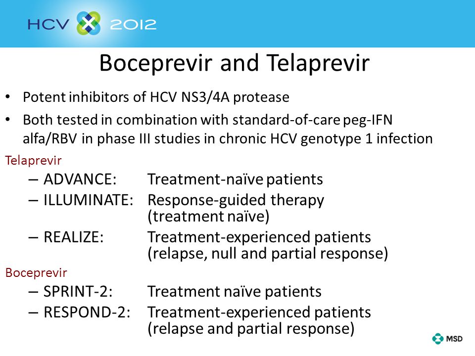 Boceprevir and Telaprevir Telaprevir – ADVANCE: Treatment-naïve patients – ILLUMINATE: Response-guided therapy (treatment naïve) – REALIZE: Treatment-experienced patients (relapse, null and partial response) Boceprevir – SPRINT-2: Treatment naïve patients – RESPOND-2: Treatment-experienced patients (relapse and partial response) Potent inhibitors of HCV NS3/4A protease Both tested in combination with standard-of-care peg-IFN alfa/RBV in phase III studies in chronic HCV genotype 1 infection