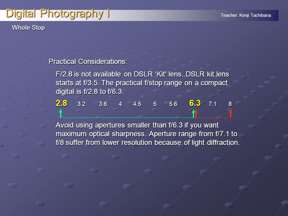 Teacher: Kenji Tachibana Digital Photography I. Whole Stop F/stop
