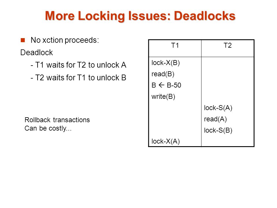 More Locking Issues: Deadlocks No xction proceeds: Deadlock - T1 waits for T2 to unlock A - T2 waits for T1 to unlock B T1T2 lock-X(B) read(B) B  B-50 write(B) lock-X(A) lock-S(A) read(A) lock-S(B) Rollback transactions Can be costly...