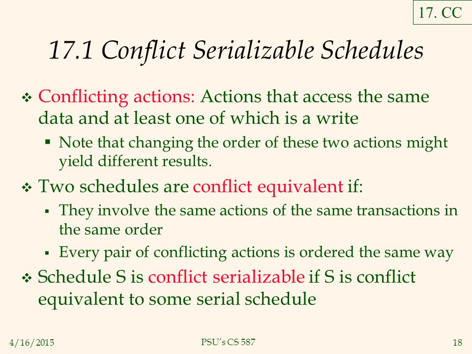 4/16/ PSU’s CS Conflict Serializable Schedules  Conflicting actions: Actions that access the same data and at least one of which is a write  Note that changing the order of these two actions might yield different results.