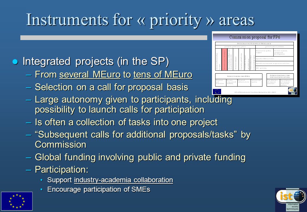Instruments for « priority » areas Integrated projects (in the SP) Integrated projects (in the SP) –From several MEuro to tens of MEuro –Selection on a call for proposal basis –Large autonomy given to participants, including possibility to launch calls for participation –Is often a collection of tasks into one project – Subsequent calls for additional proposals/tasks by Commission –Global funding involving public and private funding –Participation: Support industry-academia collaborationSupport industry-academia collaboration Encourage participation of SMEsEncourage participation of SMEs