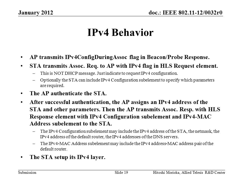 doc.: IEEE /0032r0 Submission IPv4 Behavior AP transmits IPv4ConfigDuringAssoc flag in Beacon/Probe Response.